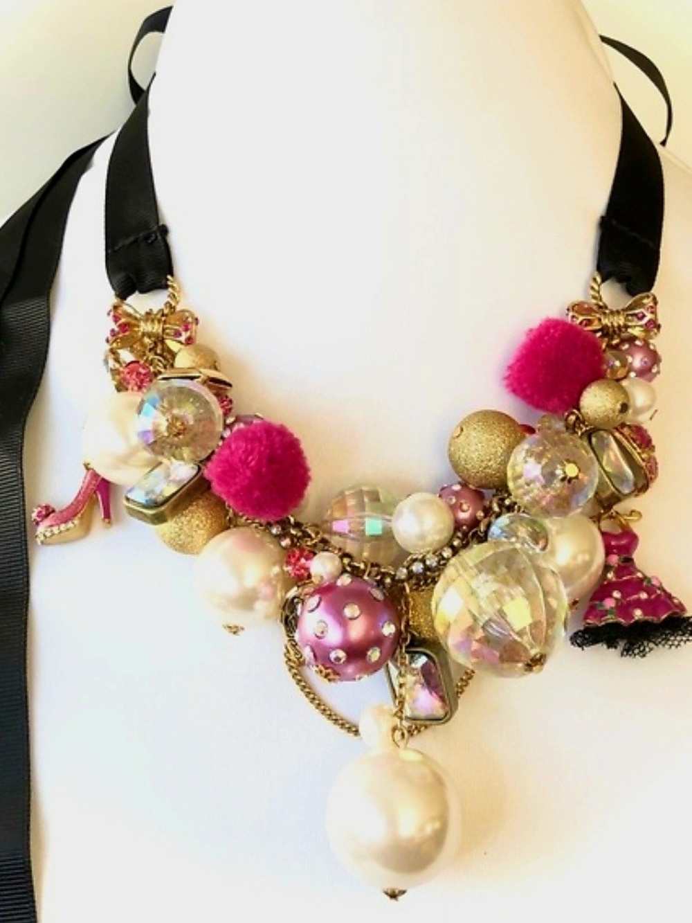 Vintage Betsey Johnson Varsity Crush Pearl Charm Necklace Statement